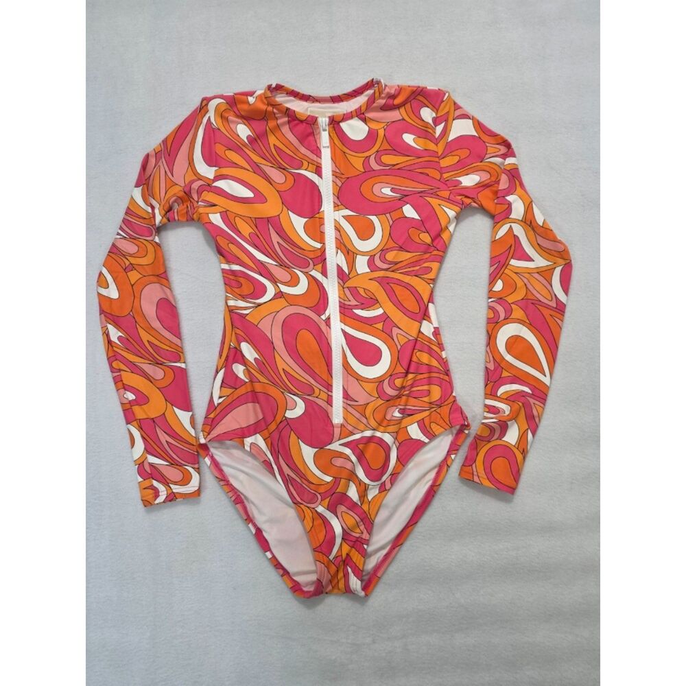 Michael Kors Long Sleeve One Piece Swimsuit Size 4 Pink‎ Orange Swirl Rashguard